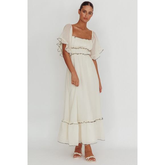 INDIKAH Cream Kathlene Flutter Sleeves Maxi Prairie Boho Dress $110 PLUS XXL NWT - Picture 1 of 16